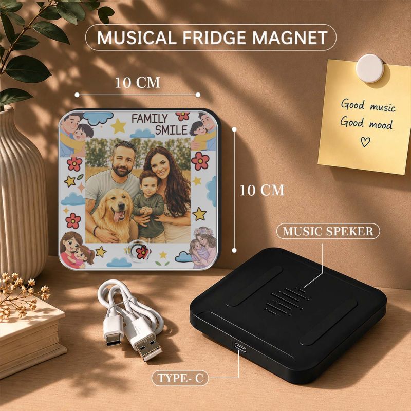 Personalized Musical Fridge Magnet with Custom Photo & Favorite Song, Rechargeable Music Player Refrigerator Magnet, Unique Gift for Couples, Family & Pet Lover